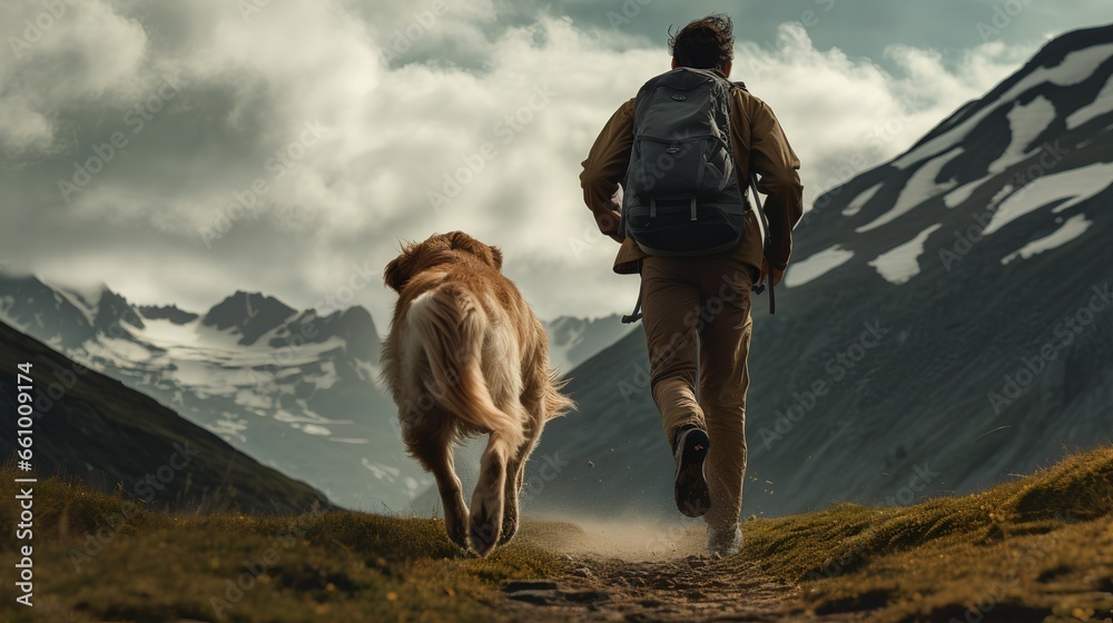 Dog running with its owner in mountain landscape. Active, healthy and adventurous lifestyle shared together between a pet and its owner. Strong bond while exploring the great outdoors. Freedom feeling - obrazy, fototapety, plakaty 