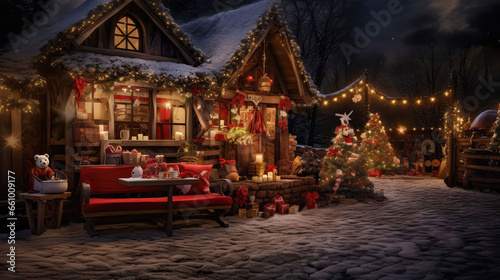 Christmas cottage at night with festive lights