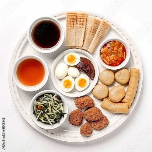 Top view of a fresh, delicious, wholesome and nutritious traditional asian breakfast, beautifully decorated, food photography