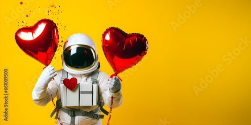 Astronaut with red heart shaped balloon on yellow background congratulates, space man in love, holiday banner with blank space for text photo