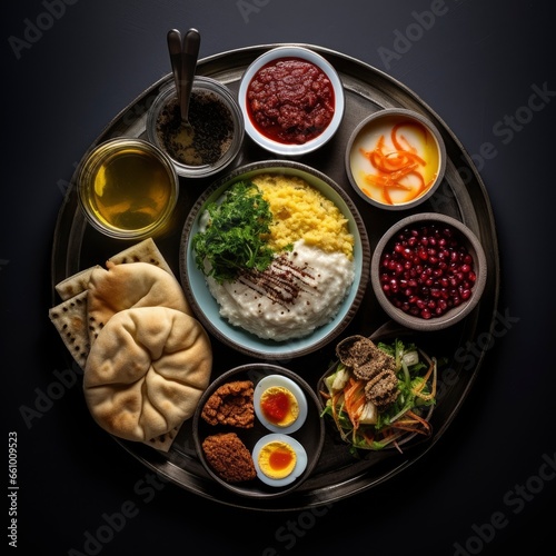 Top view of a fresh, delicious, wholesome and nutritious traditional middle east breakfast, beautifully decorated, food photography