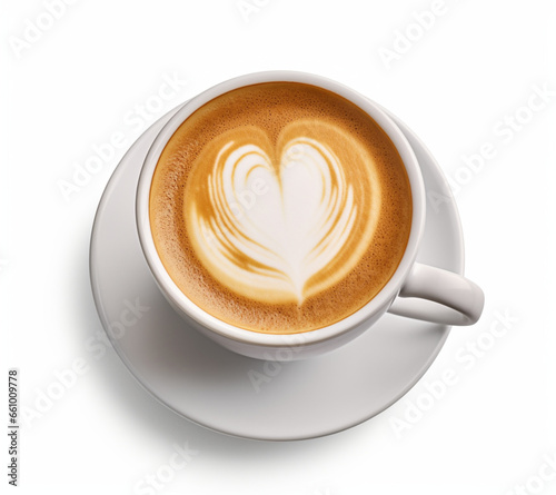 Cappuccino cup with heart shaped milk foam art on white background.