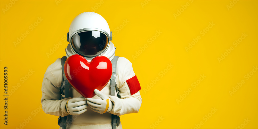 Astronaut with a red heart in hands on yellow background congratulates, space man in love, holiday banner with blank space for text Astronaut with a red heart in hands on yellow background congratulates, space man in love, holiday banner with blank space for text