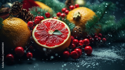 winter naturmort close up consisting of grapefruit  lemon  rowan berries  and Christmas decoration