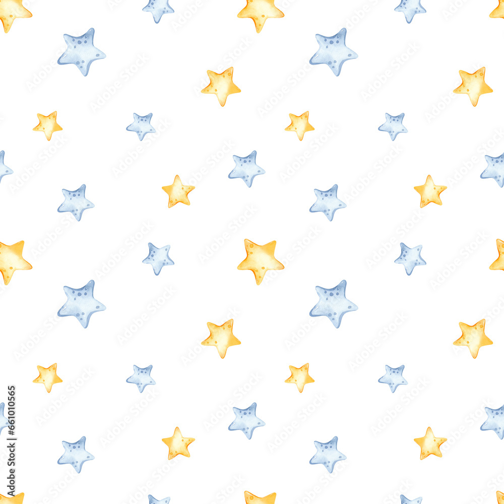Stars, yellow and blue for baby textures, baby shower, covers on white background Watercolor seamless pattern 