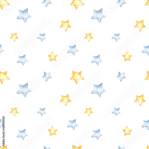 Stars, yellow and blue for baby textures, baby shower, covers on white background Watercolor seamless pattern 