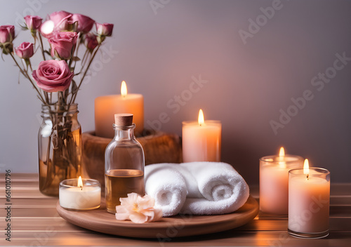Empty wooden light spa table. Table with spa accessories. Massage oil  body salt  scented candles  rose flowers. The surface of an empty table for displaying products. Generative AI