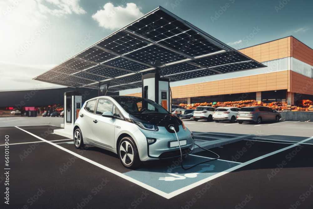 voiture électrique branchée à une borne en train de recharger sa batterie dans un parking de supermarché sous une ombrière photovoltaïque - obrazy, fototapety, plakaty 