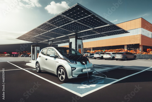 voiture électrique branchée à une borne en train de recharger sa batterie dans un parking de supermarché sous une ombrière photovoltaïque photo