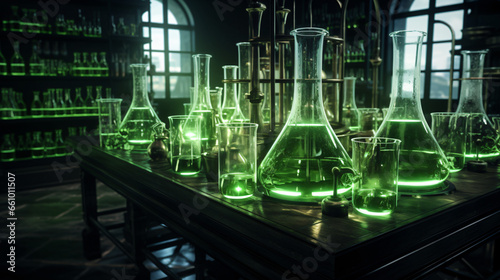 Laboratory glassware filed with green liquid