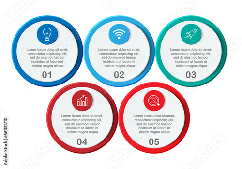 infographic template design, minimalist concept, interconnected circles with 9 steps, lines and colors in each step, good for your business presentation