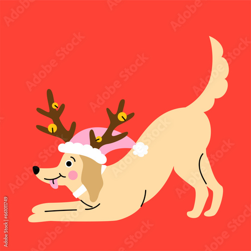 Cute cartoon golden retriever puppy with a pink hat and reindeer horns. Hand drawn vector illustration. Funny Christmas dog character card template.