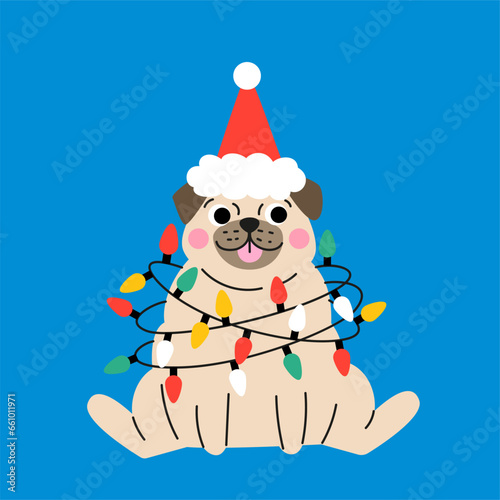 Cute cartoon fat pug puppy with a red hat and lights garland. Hand drawn vector illustration. Funny Christmas dog character card template.