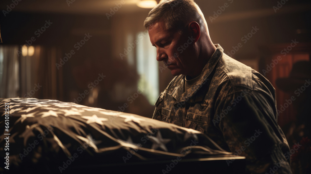 Soldier mourning death of friend. Standing at coffin. Funeral service.