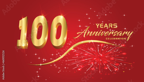 Celebrate the 100th anniversary with gold 3D letters, gold ribbons on a red background.	