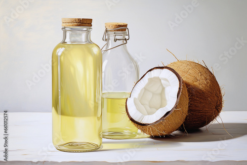 Coconut oil and fresh coconuts isolated on white background