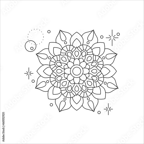 Mandala, yoga, mantra. Coloring. Black and white vector illustration.