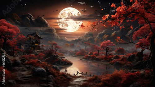 Autumn landscape with a Japanese temple at night with a big full moon