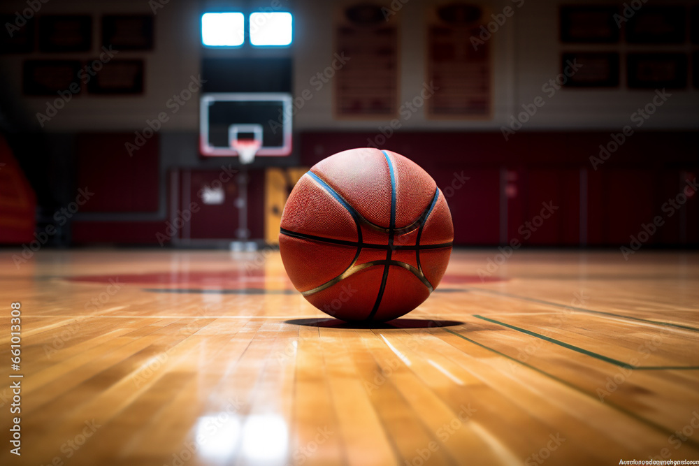 Basketball on the shiny floor at the gymnasium Basketball on the shiny floor at the gymnasium