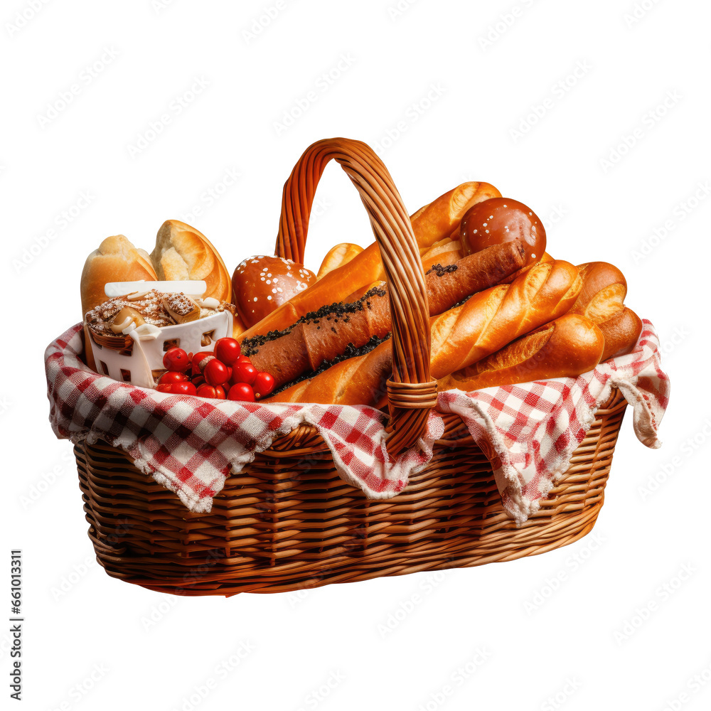 Picnic food in a basket on transparent background