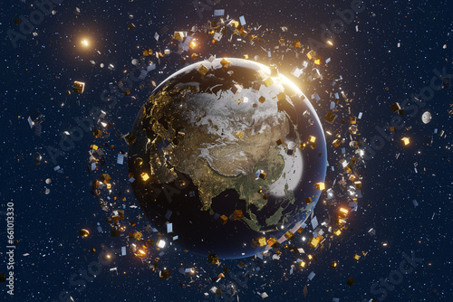 Fototapeta Naklejka Na Ścianę i Meble -  Shattered pieces of satellites, rockets and spaceships surrounding the planet Earth. Illustration of the concept of space debris