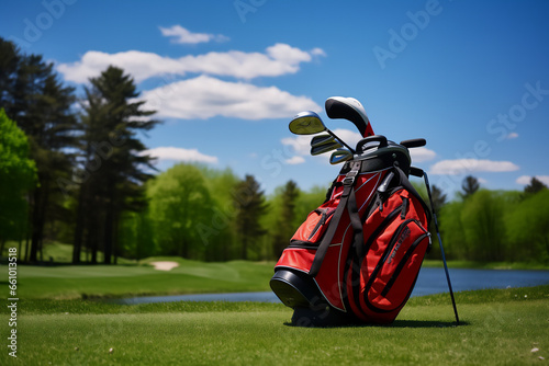 Bag with golf clubs in green grass, natural lighting