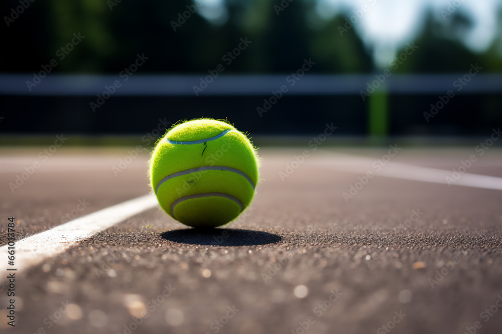 Tennis ball on court, natural lighting, realistic image