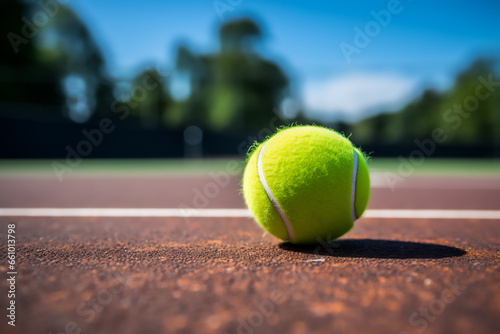 Tennis ball on court, natural lighting, realistic image