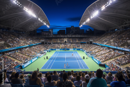 A tennis stadium with a hard court. Artificial lighting