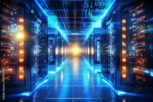 Powerful servers in a computer datacenter. Digital illustration. Generative AI