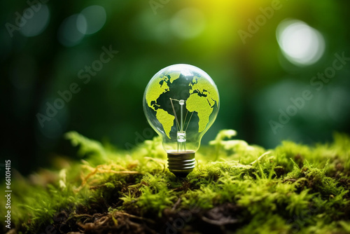 Green World Map On The Light Bulb With Green Background, Renewable Energy Environmental Protection