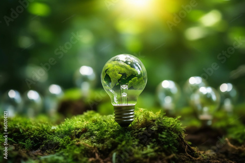 Green World Map On The Light Bulb With Green Background, Renewable Energy Environmental Protection