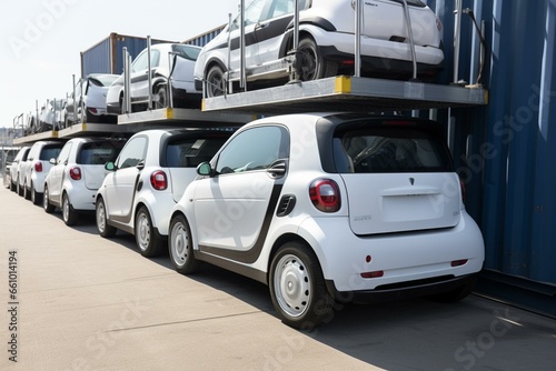 an electrically driven car transport loaded with electric cars. Generative AI photo