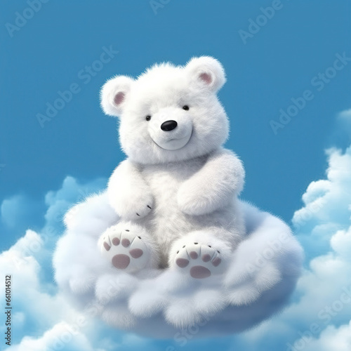 Joyful Teddy Bear Soaring in the Sky,white teddy bear,teddy bear in the sky,teddy bear in the clouds