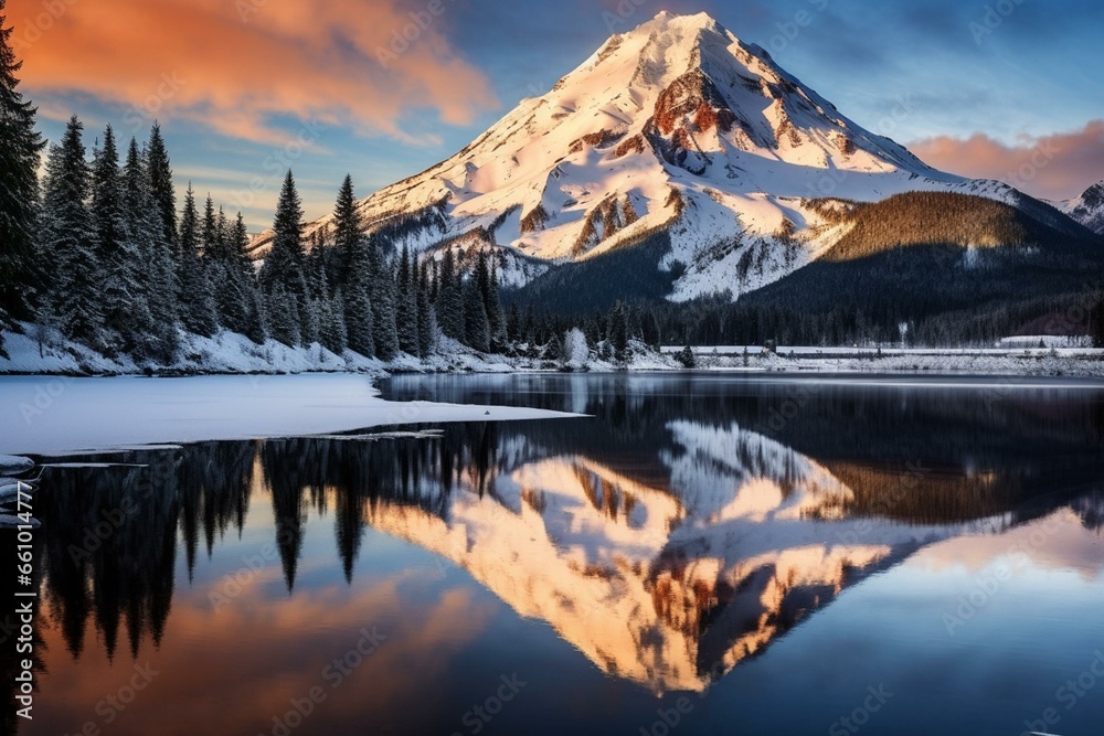 Scenic lake and snowy peak captured in Washington. Generative AI