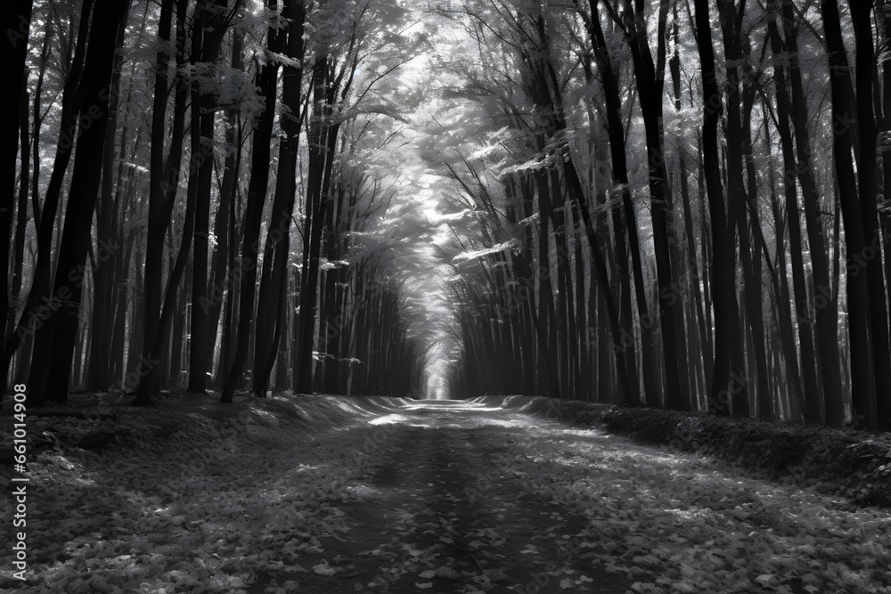 Obraz premium Sunlit pathway through dense monochrome forest