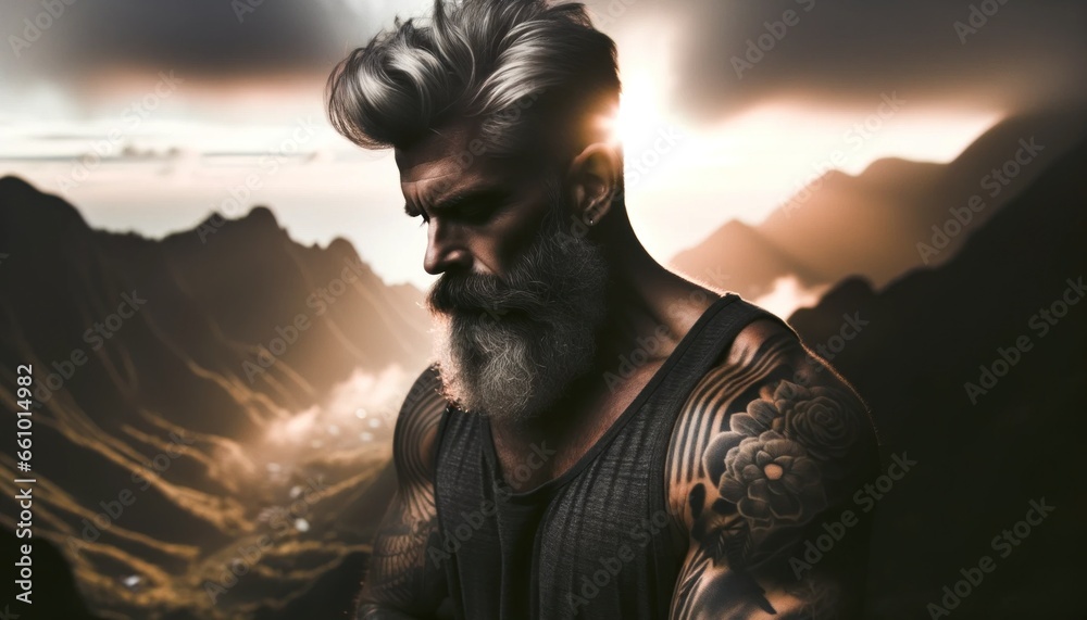 Strong Tattooed Man in Dramatic Backlight