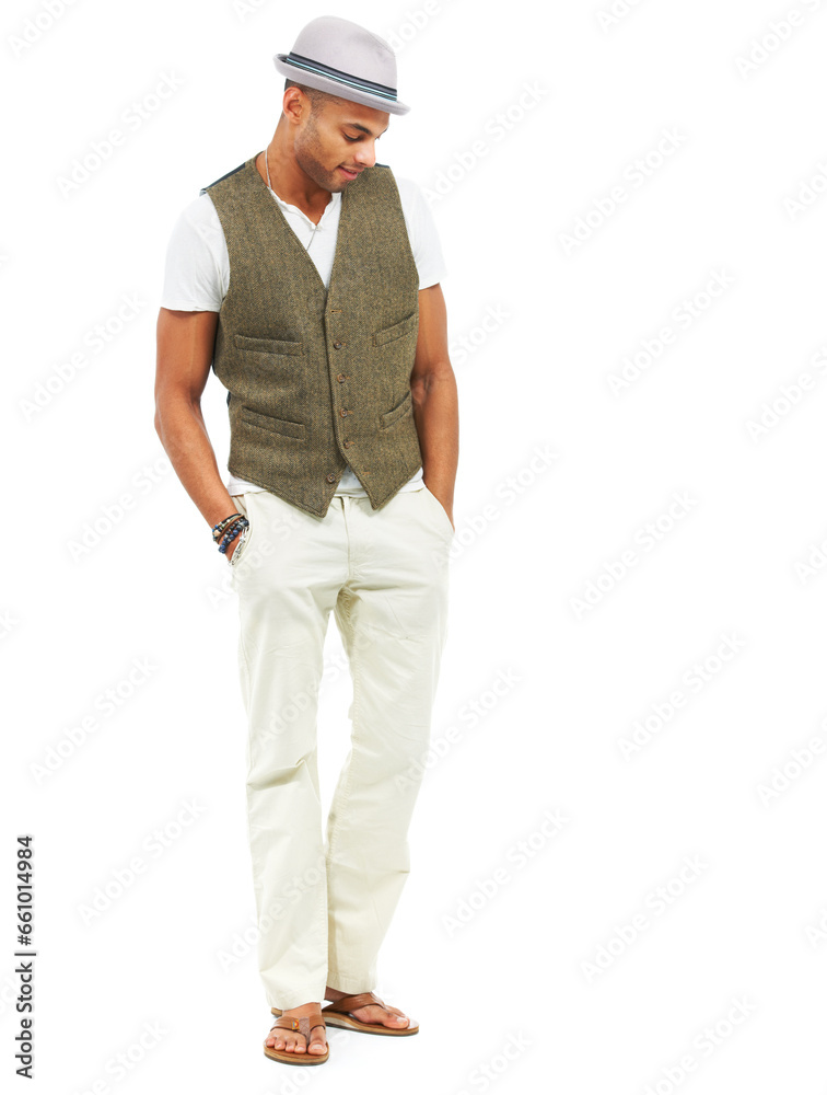 Man, pocket and studio for retro style or hat design, fashion trend or cool clothes. Male model person, face or white background for confident pride, good mood or creative outfit for vintage Man, pocket and studio for retro style or hat design, fashion trend or cool clothes. Male model person, face or white background for confident pride, good mood or creative outfit for vintage