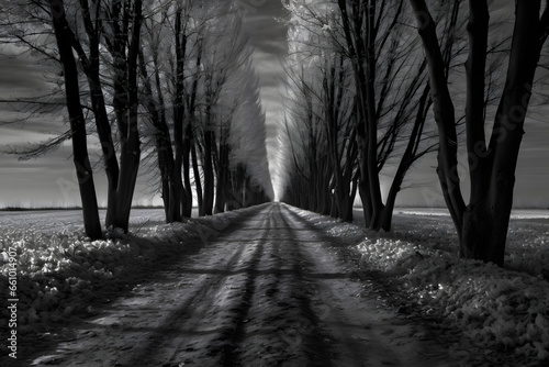 Tree-lined path with sunrays and distant horizon in grayscale
