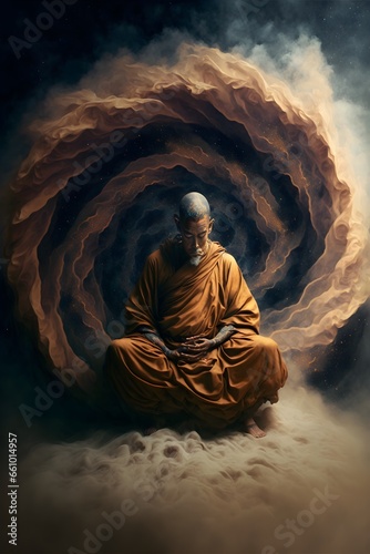 a celestial monk meditating siddhasana swirling dust and clouds mad max style 