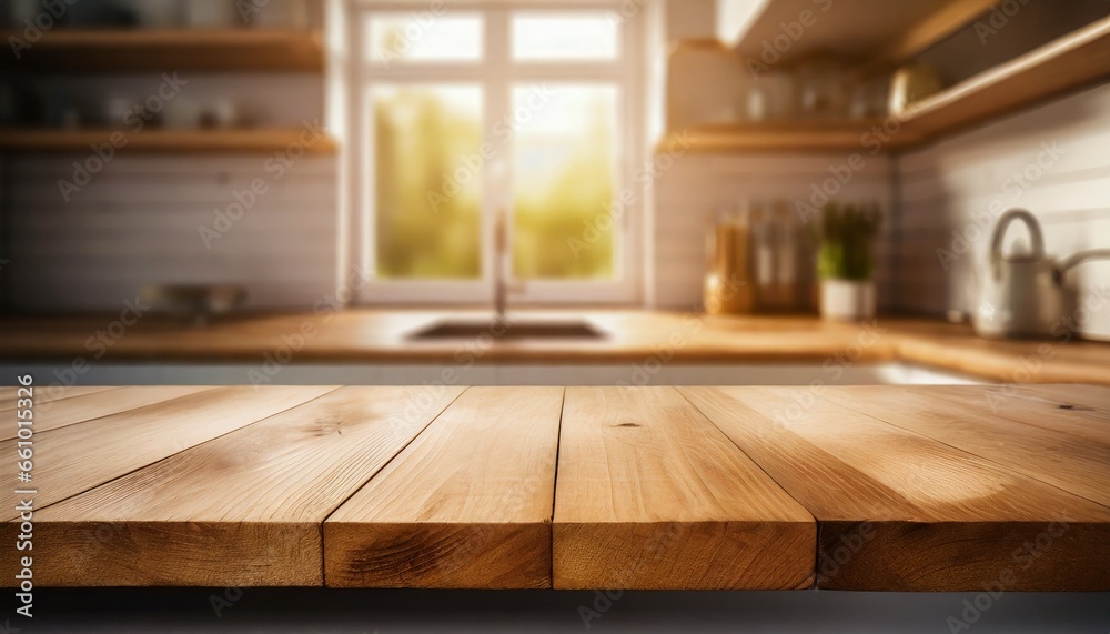 Empty wooden tabletop with modern kitchen in the morning Empty wooden tabletop with modern kitchen in the morning