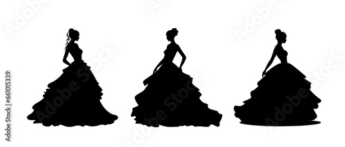 Silhouette of a young pretty woman in long dress with frill, fluffy skirt. Bride silhouette in luxury ball gown for design, prints, posters, decor, web. Slim female vintage style dress	