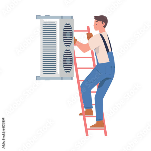 Man Character on Ladder Fix and Repair Ventilation and Air Conditioner Vector Illustration