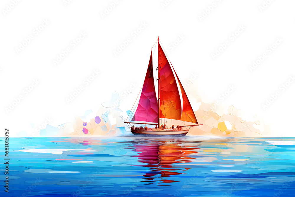 Sailboat with orange sails on blue water with colorful background
