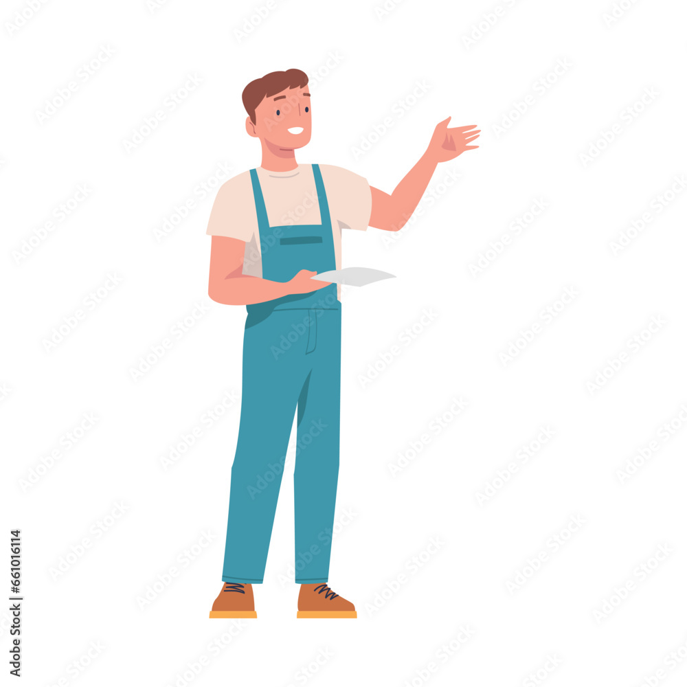 Man in Blue Overall Uniform Standing with Paper and Gesture with Hand Vector Illustration Man in Blue Overall Uniform Standing with Paper and Gesture with Hand Vector Illustration