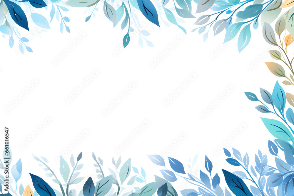 Teal and blue leafy patterns form a decorative border on a white canvas Teal and blue leafy patterns form a decorative border on a white canvas