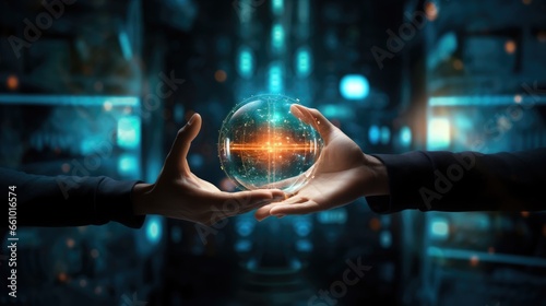 One person passes a glowing sphere to another person against database background. Ai technology connection.