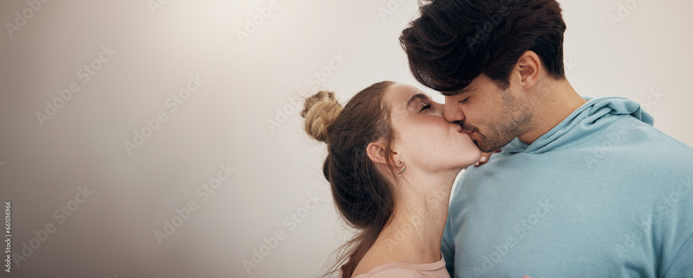 Happy, couple and kiss with love in banner, white background or studio mockup of partnership, loyalty or marriage. Romantic, people or bonding with partner in affection with support and care together Happy, couple and kiss with love in banner, white background or studio mockup of partnership, loyalty or marriage. Romantic, people or bonding with partner in affection with support and care together