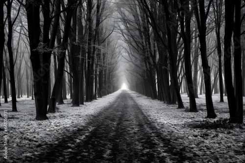 Misty forest path covered in snow flanked by tall trees in black and white showing depth and serenity