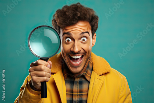 man looking throught glass searching